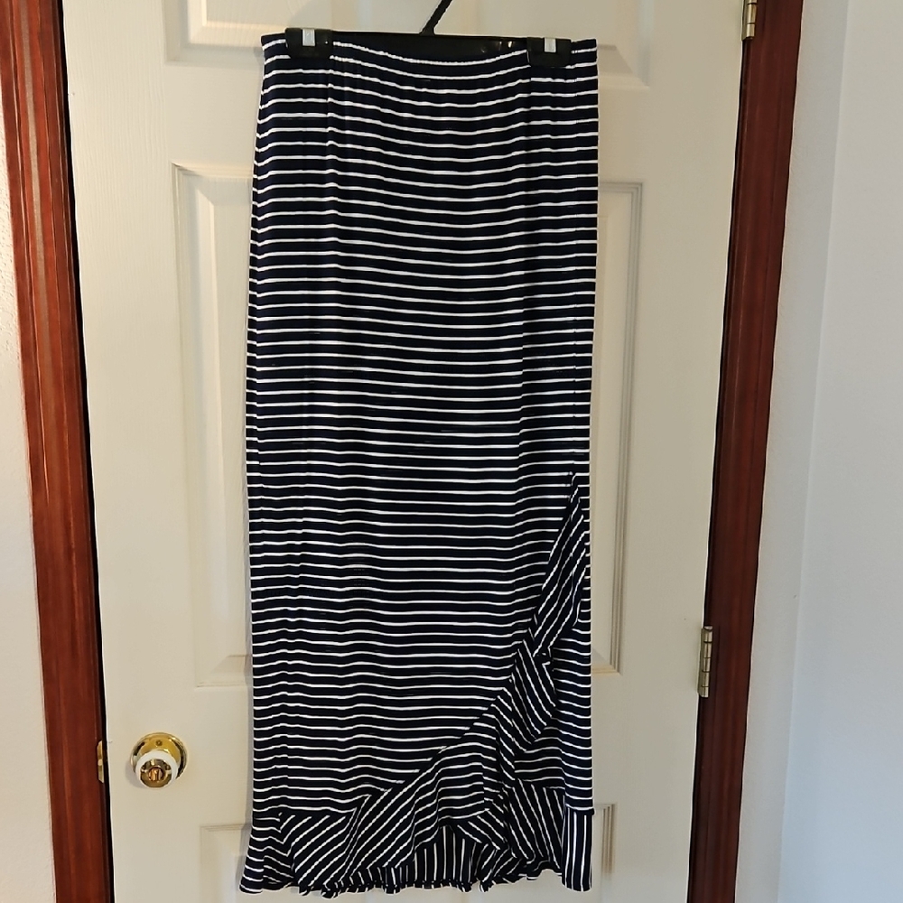 Max Studio Navy and White Striped Maxi Skirt